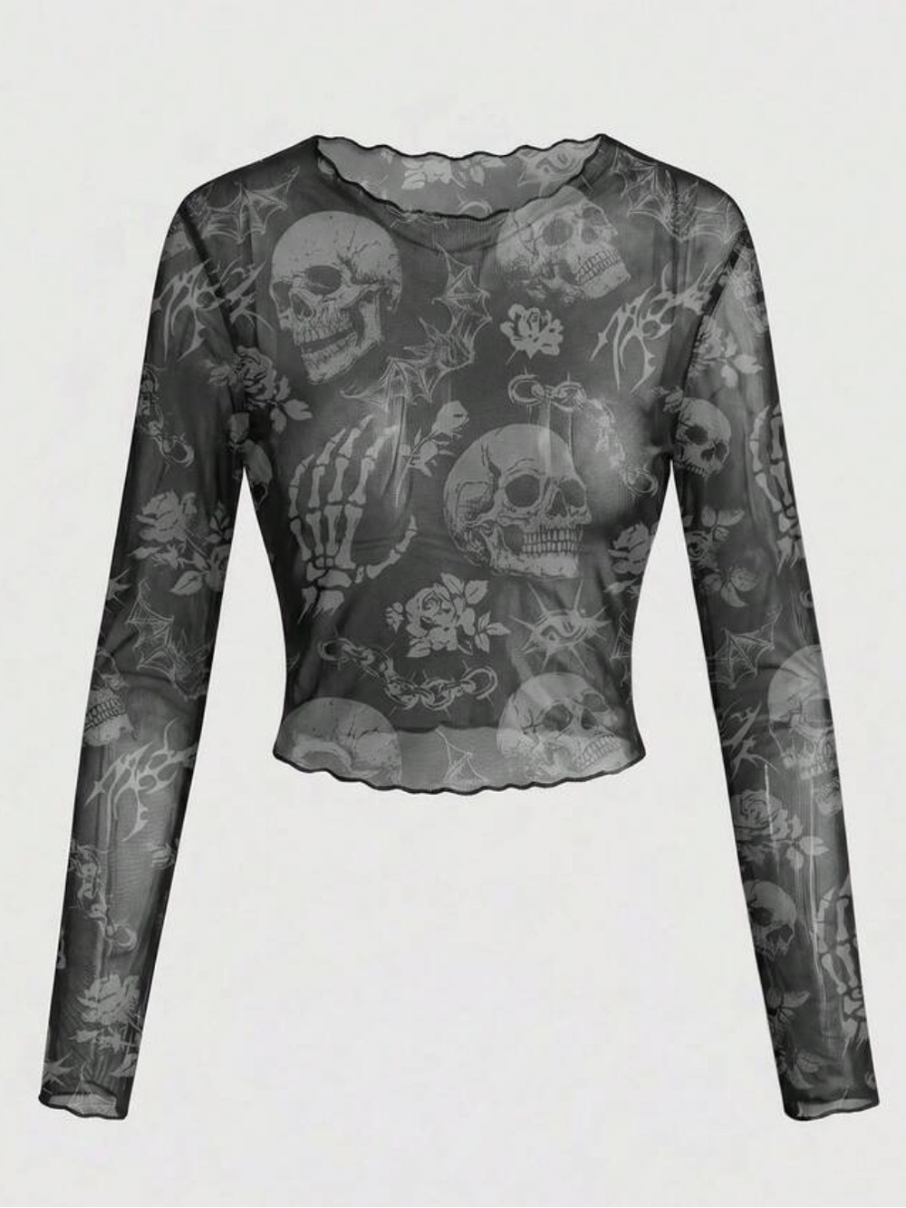 Goth Black Skull Print Long-Sleeve Mesh Top NEW 🏷️